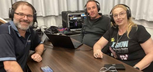 Feature photo. The live broadcast team at the Sunbury Radio Record Fair Sunday 16 February 2025 - Dean Walker (left), Dan Pederson (centre) and Alicia Killen.